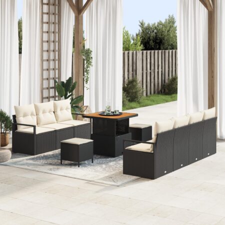 Havesofa-sæt i sort polyrattan med puder - 10 dele, højdejusterbart bord
