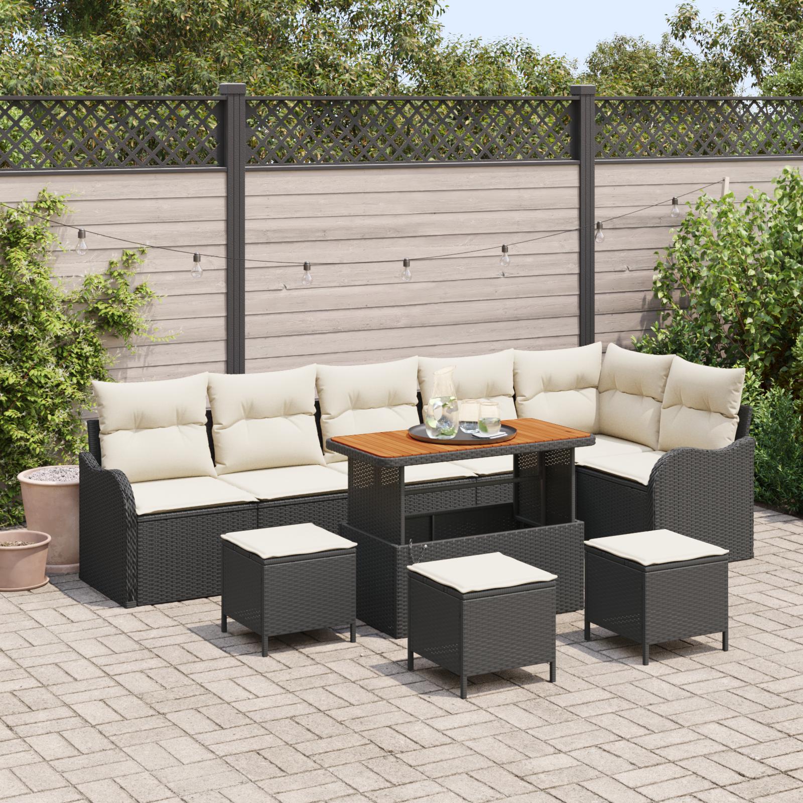 Havesofa sæt i sort polyrattan med puder - 10 dele, højdejusterbart bord Havesofa sæt i sort polyrattan med puder - 10 dele, højdejusterbart bord