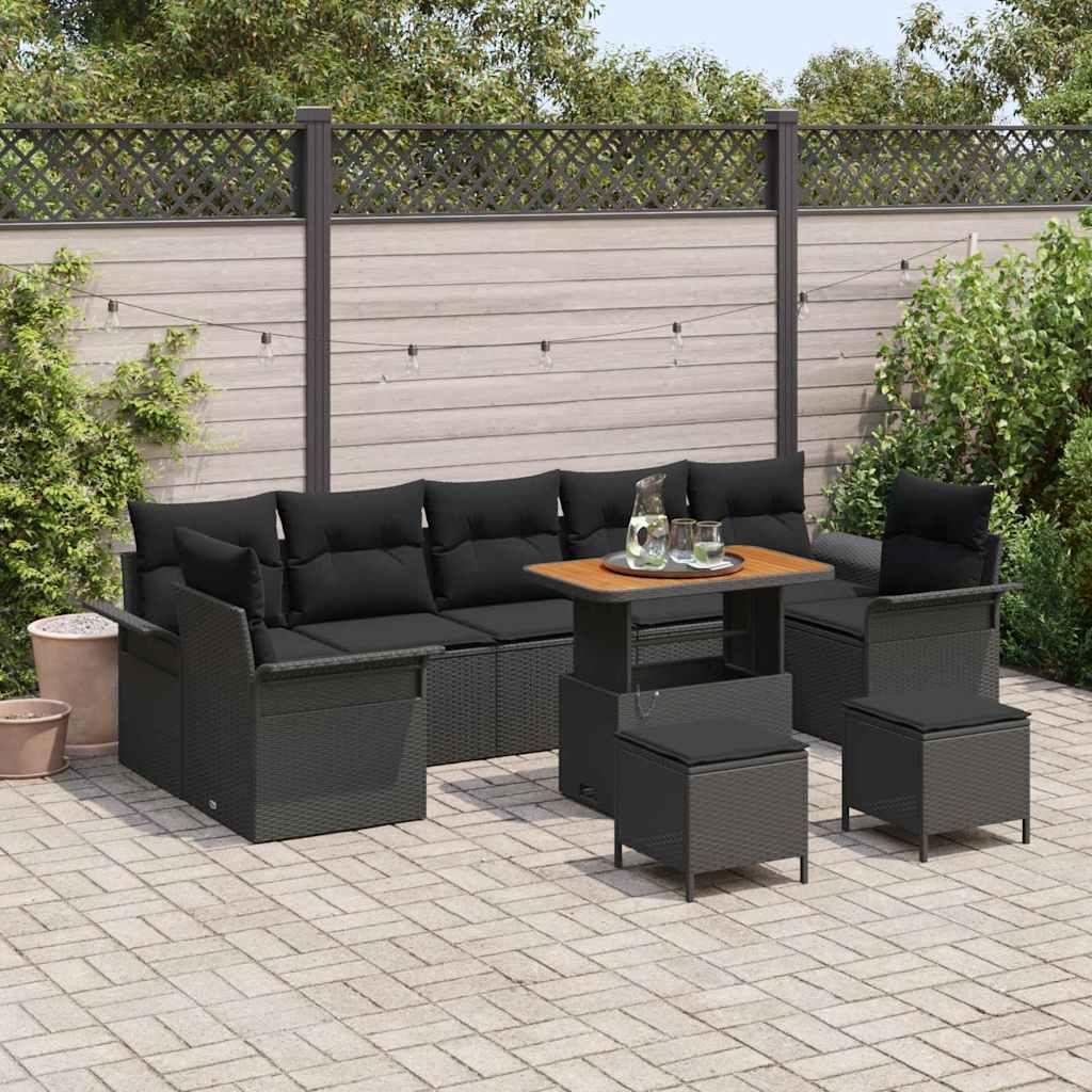 Havesofa-sæt i sort polyrattan med puder - 10 dele, modulopbygget og højdejusterbart bord Havesofa-sæt i sort polyrattan med puder - 10 dele, modulopbygget og højdejusterbart bord