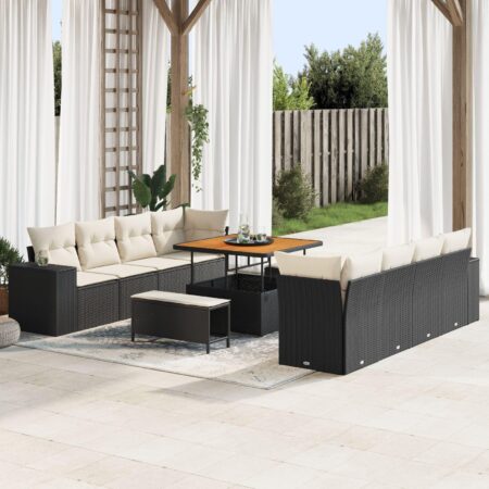 Havesofa sæt i sort polyrattan med puder - 11 dele, modulopbygget og bord i højdejusterbar design
