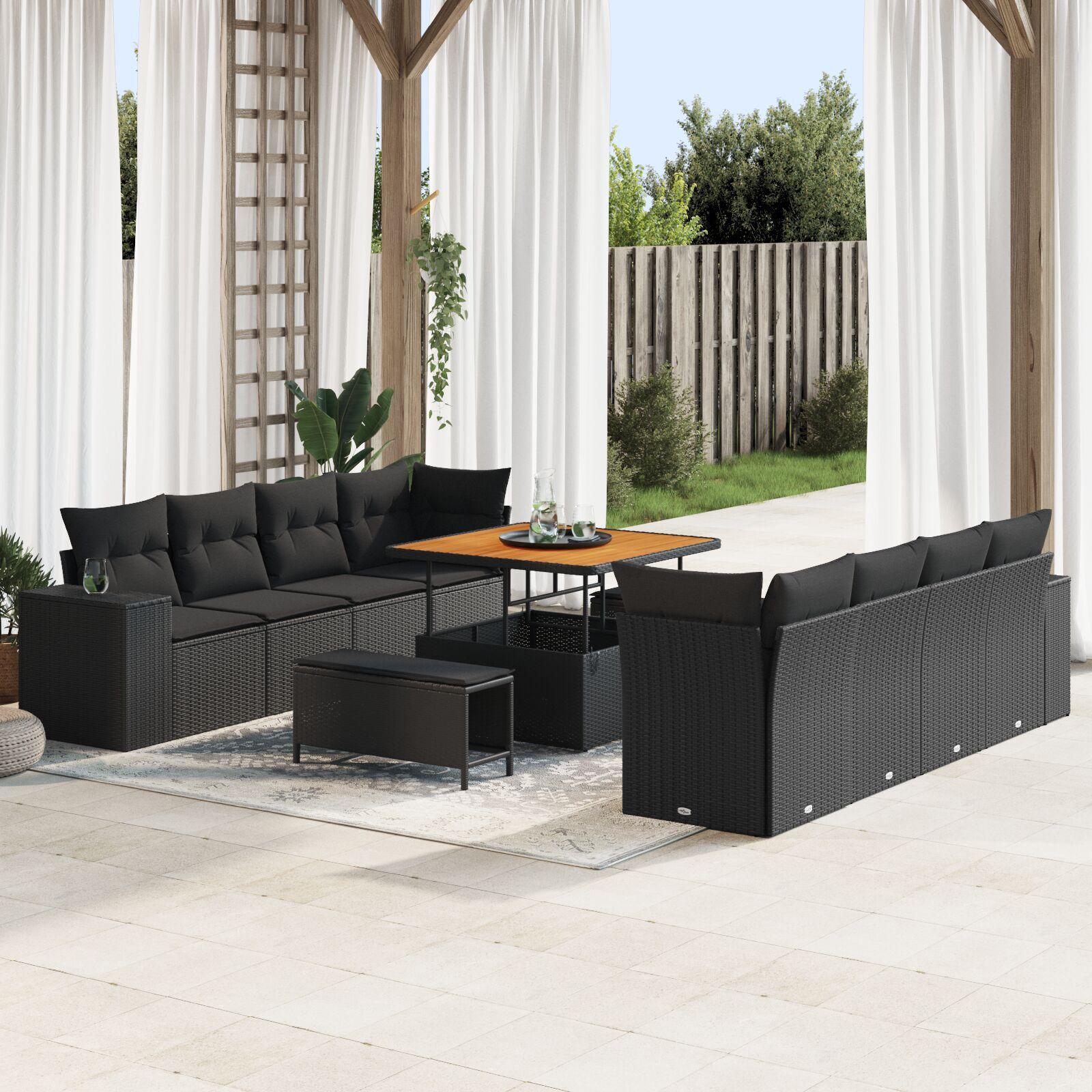 Havesofa-sæt i sort polyrattan med puder - 11 dele, modulopbygget og bord i højdejusterbar design Havesofa-sæt i sort polyrattan med puder - 11 dele, modulopbygget og bord i højdejusterbar design