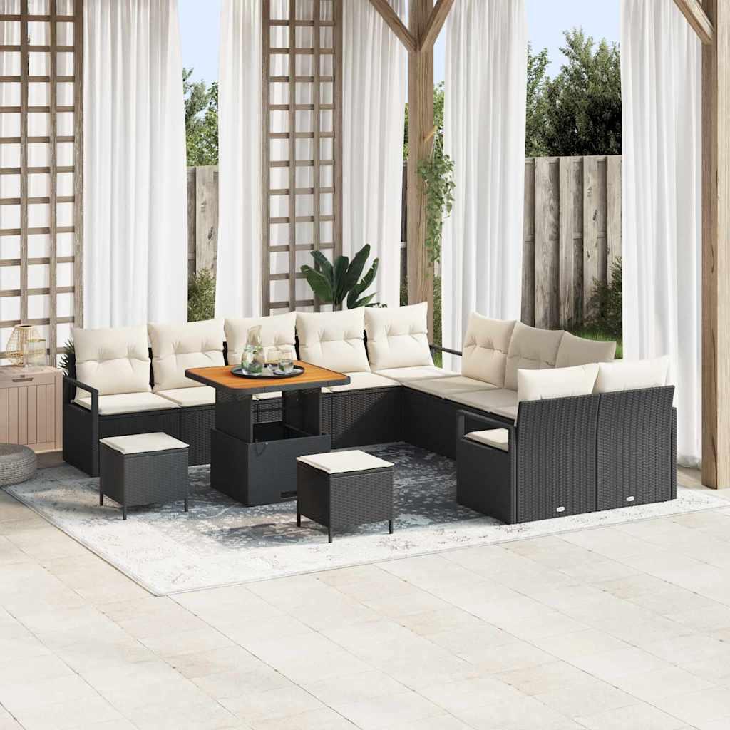Havesofa sæt i sort polyrattan med puder - 13 dele, justerbart bord Havesofa sæt i sort polyrattan med puder - 13 dele, justerbart bord