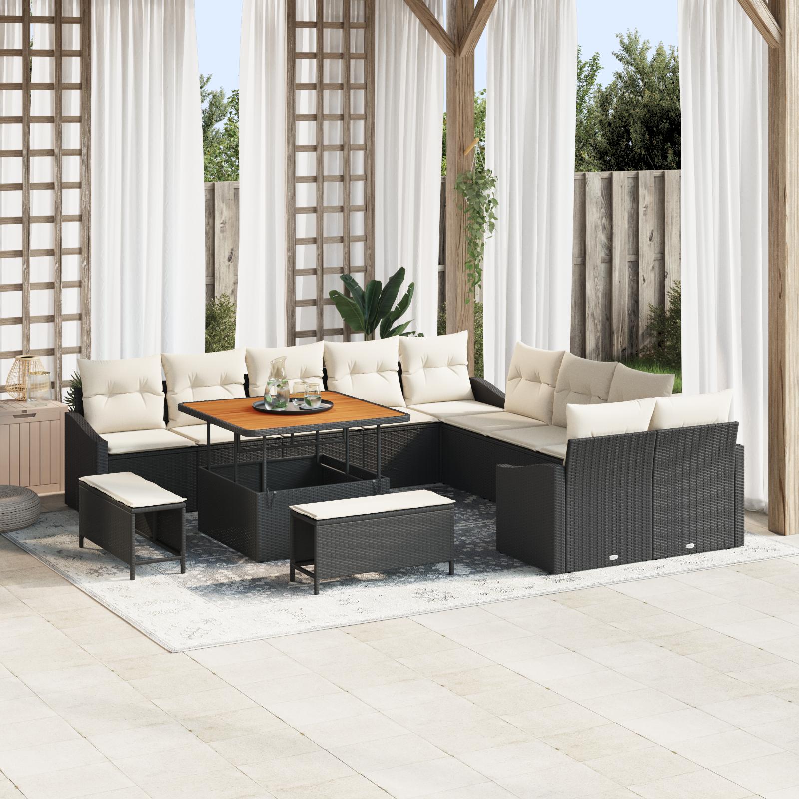 Havesofa-sæt i sort polyrattan med puder - 13 dele, modulopbygget og bord med akacietræ Havesofa-sæt i sort polyrattan med puder - 13 dele, modulopbygget og bord med akacietræ