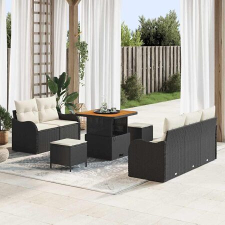 Havesofa sæt i sort polyrattan med puder - 8 dele, justerbart bord