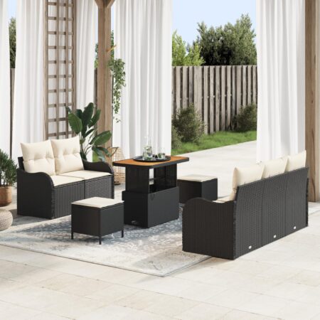 Havesofa-sæt i sort polyrattan med puder - 8 dele, modulopbygget og højdejusterbart bord
