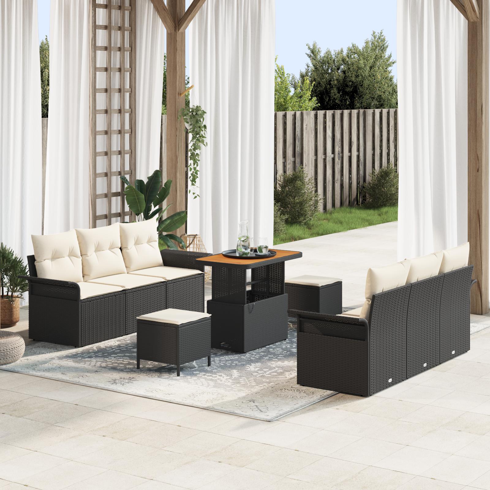 Havesofa-sæt i sort polyrattan med puder - 9 dele, højdejusterbart bord Havesofa-sæt i sort polyrattan med puder - 9 dele, højdejusterbart bord