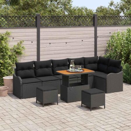 Havesofa sæt i sort polyrattan med puder - 9 dele, højdejusterbart bord