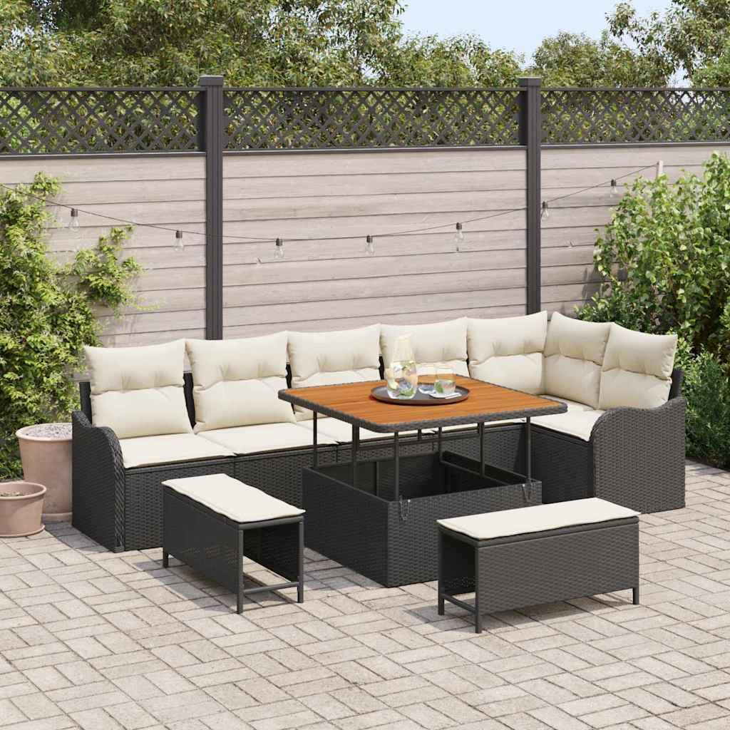 Havesofa sæt i sort polyrattan med puder - 9 dele, højdejusterbart bord Havesofa sæt i sort polyrattan med puder - 9 dele, højdejusterbart bord