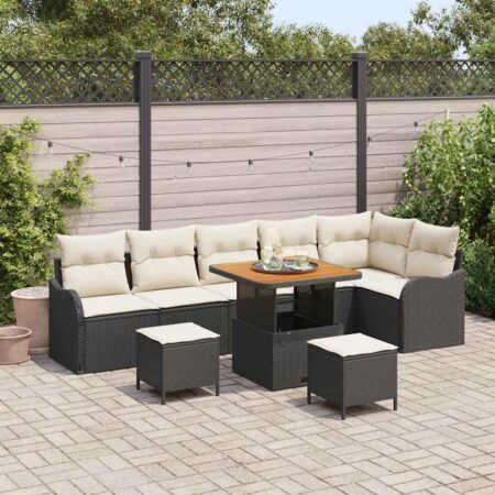 Havesofa-sæt i sort polyrattan med puder - 9 dele, justerbart bord