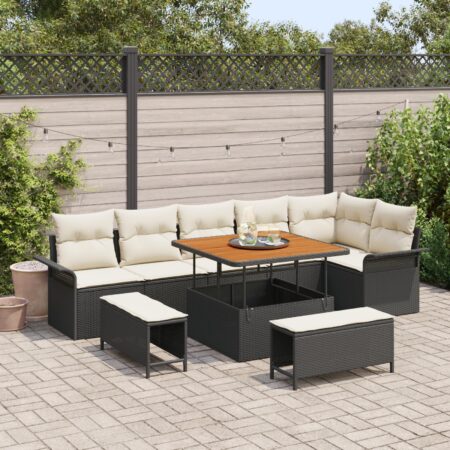Havesofa-sæt i sort polyrattan med puder - 9 dele, modulært, højdejusterbart bord