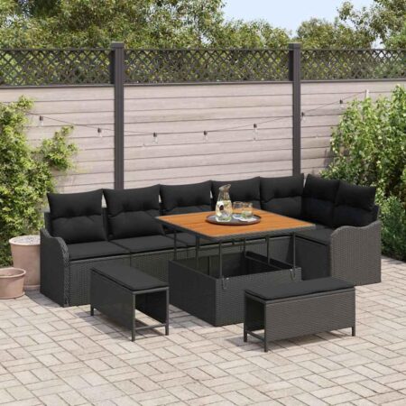 Havesofa sæt i sort polyrattan med puder - 9 dele, modulært og højdejusterbart bord
