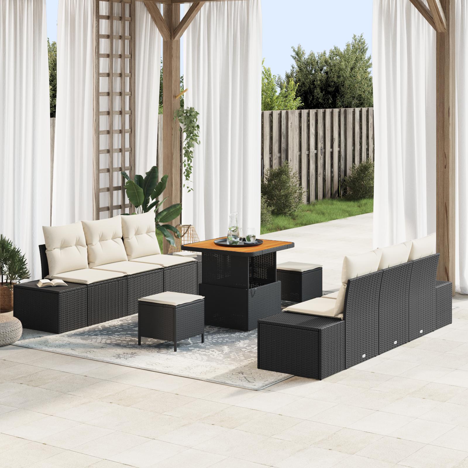 Havesofa sæt i sort polyrattan med puder - 9 dele, modulopbygget og højdejusterbart bord Havesofa sæt i sort polyrattan med puder - 9 dele, modulopbygget og højdejusterbart bord