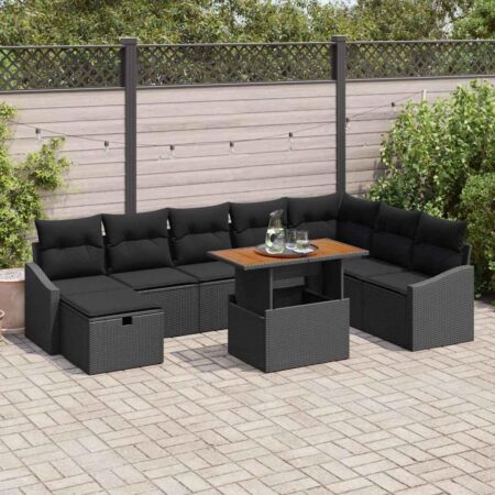 Havesofa sæt i sort polyrattan med puder og opbevaring - 9 dele, modulært højdejusterbart bord