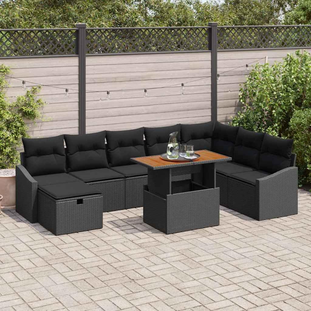 Havesofa sæt i sort polyrattan med puder og opbevaring - 9 dele, modulært højdejusterbart bord Havesofa sæt i sort polyrattan med puder og opbevaring - 9 dele, modulært højdejusterbart bord