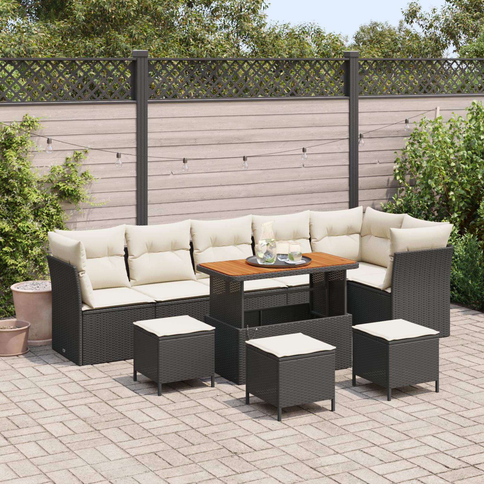 Havesofa sæt i sort polyrattan - modulær hjørnesofa med bord og skamler, 10 dele Havesofa sæt i sort polyrattan - modulær hjørnesofa med bord og skamler, 10 dele