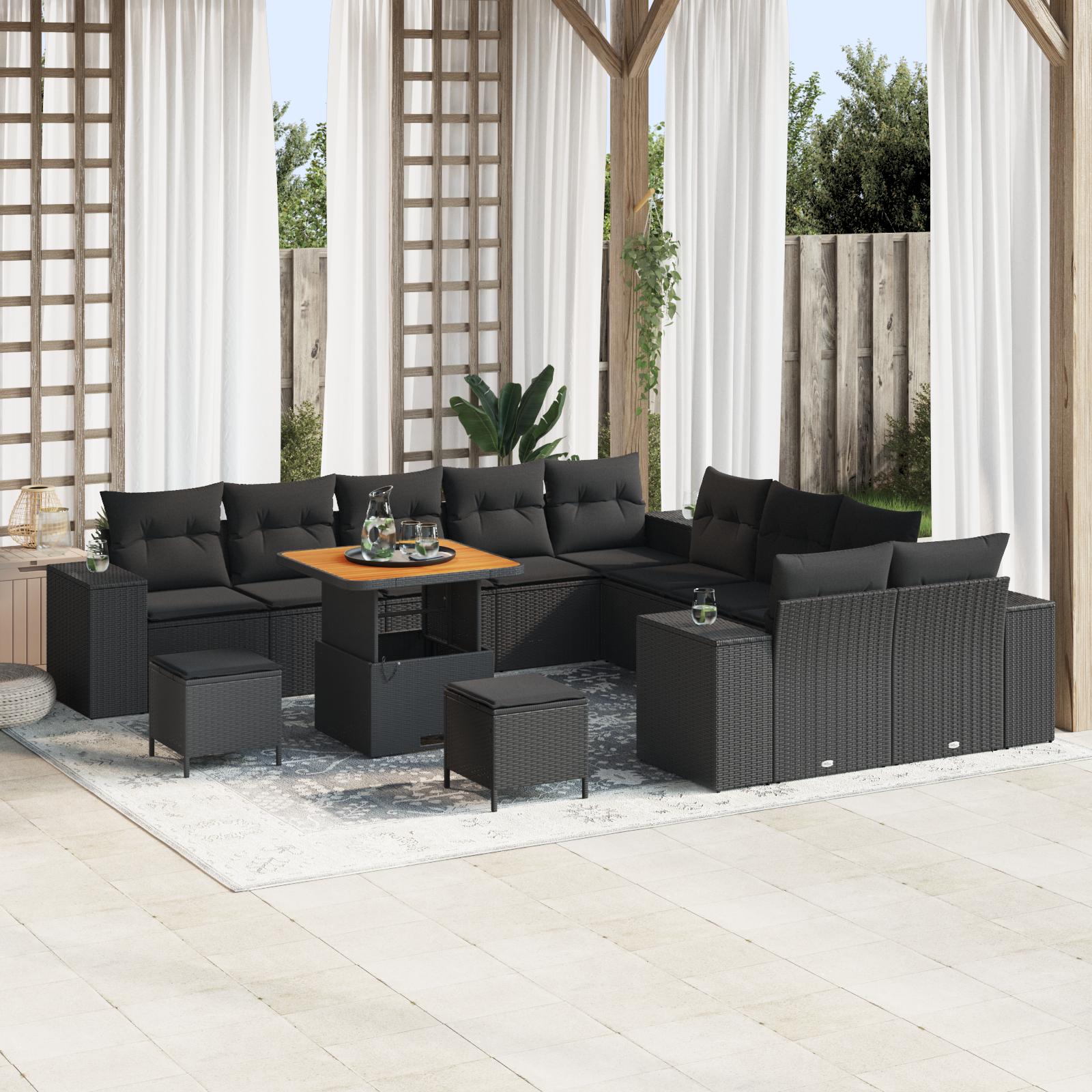 Havesofa sæt i sort polyrattan - modulær loungesektion med 13 dele og højdejusterbart bord Havesofa sæt i sort polyrattan - modulær loungesektion med 13 dele og højdejusterbart bord
