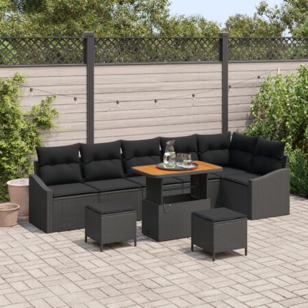 Havesofa sæt i sort polyrattan - modulopbygget 9-dele med justerbart bord