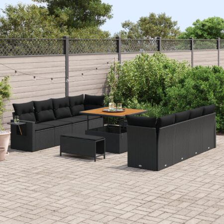 Havesofa-sæt i sort polyrattan - modulopbygget lounge med justerbart bord, 11 dele