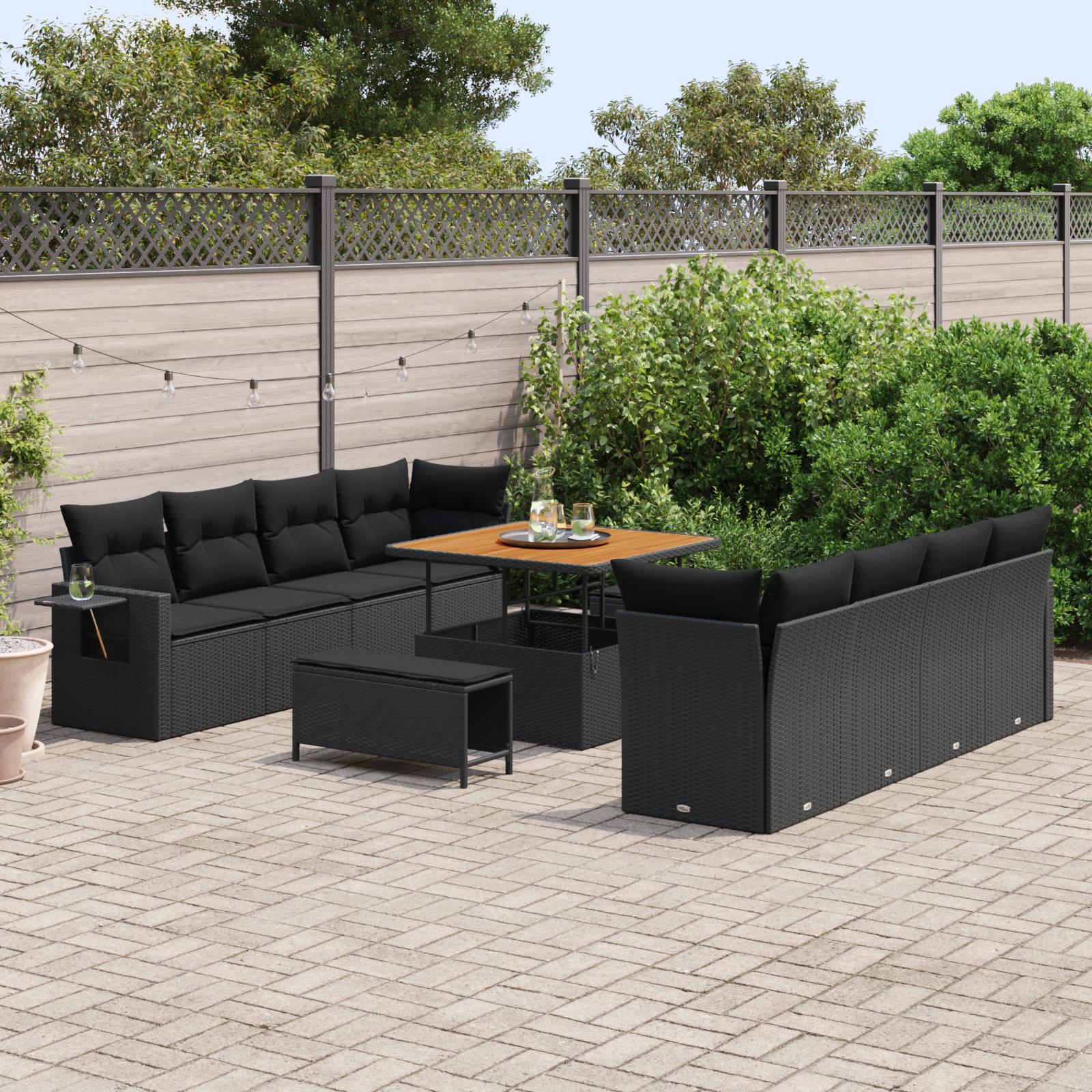 Havesofa-sæt i sort polyrattan - modulopbygget lounge med justerbart bord, 11 dele Havesofa-sæt i sort polyrattan - modulopbygget lounge med justerbart bord, 11 dele