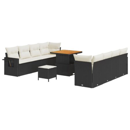 Havesofa-sæt med opbevaring, 11 dele - sort polyrattan med justerbart bord