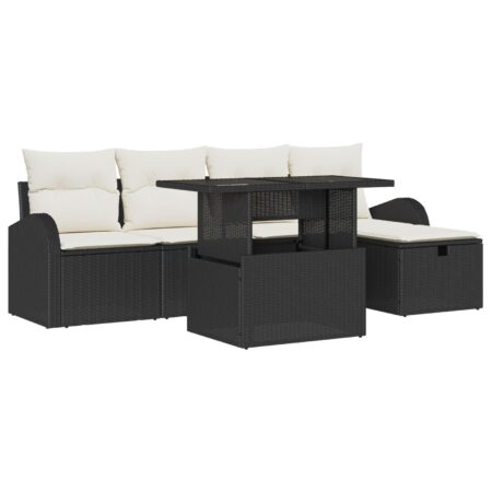 Havesofa-sæt med opbevaring og justerbart bord - 6 dele, sort poly rattan