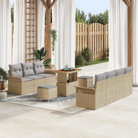 Havesofa sæt med puder - 10 dele i beige polyrattan, justerbart bord