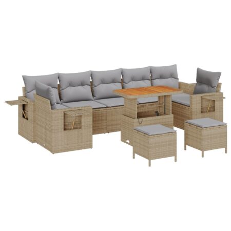 Havesofa sæt med puder - 10 dele i beige polyrattan, modulært med højdejusterbart bord