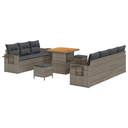Havesofa sæt med puder - 10 dele i grå polyrattan, modulopbygget med højdejusterbart bord