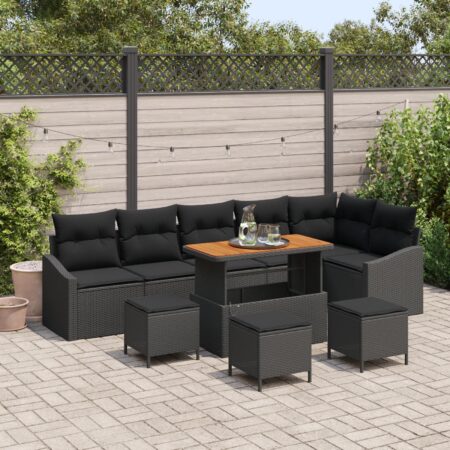 Havesofa-sæt med puder, 10 dele - sort polyrattan, justerbart bord