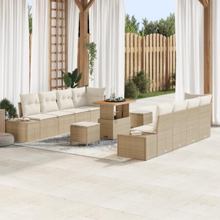Havesofa-sæt med puder, 11 dele - beige polyrattan, højdejusterbart bord