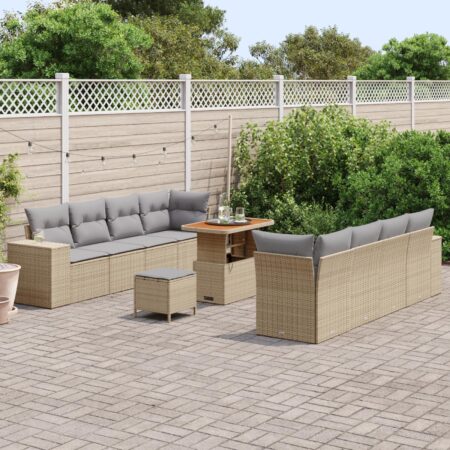 Havesofa sæt med puder, 11 dele - beige polyrattan, modulært, højdejusterbart bord