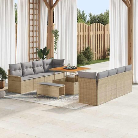Havesofa sæt med puder, 11 dele - beige polyrattan og akacietræ, højdejusterbart bord