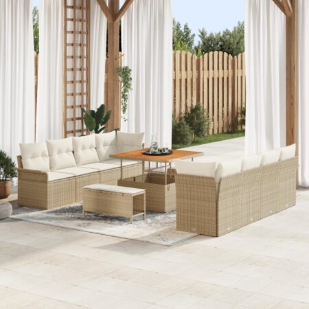 Havesofa-sæt med puder, 11 dele - beige polyrattan og akacietræ, højdejusterbart bord