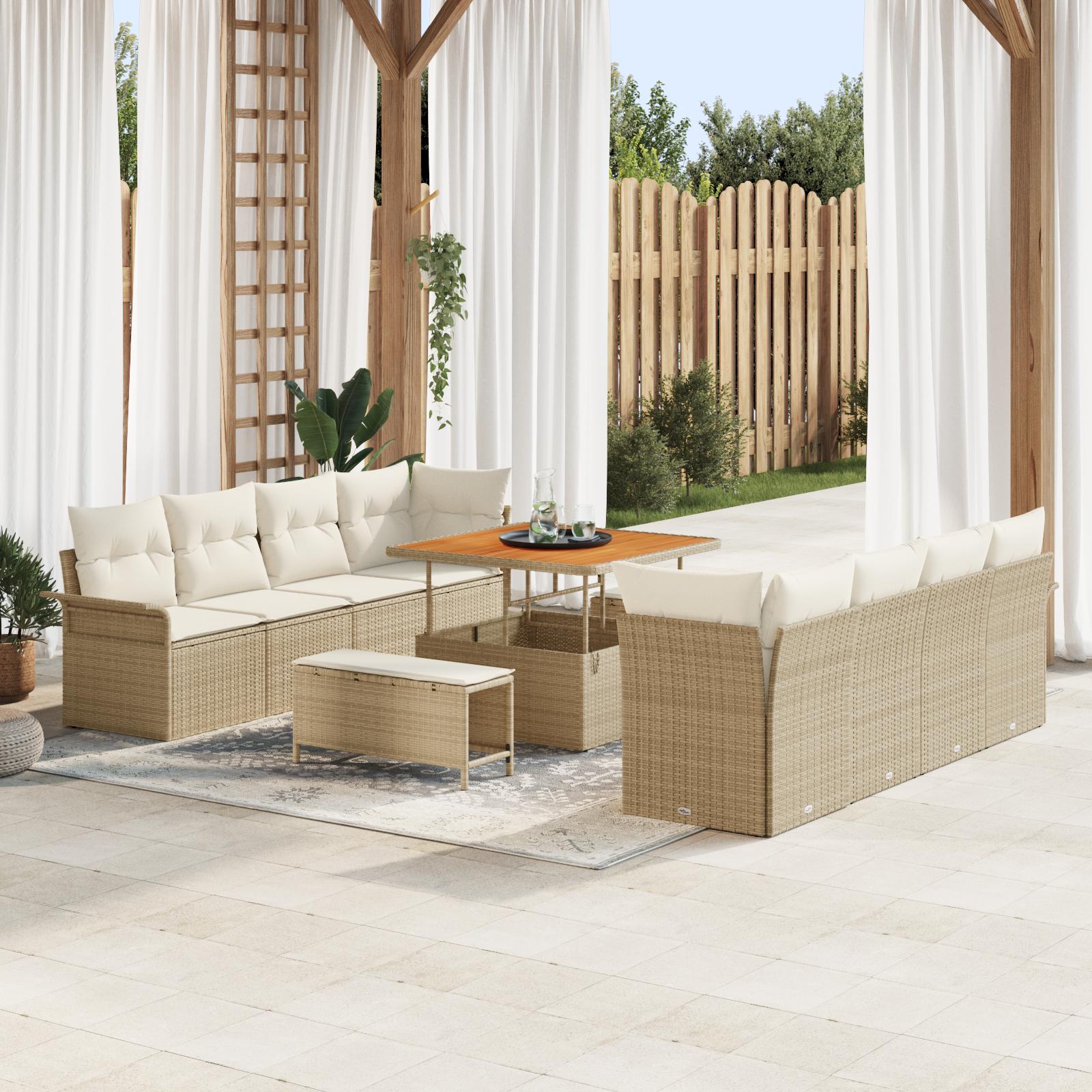 Havesofa-sæt med puder, 11 dele - beige polyrattan og akacietræ, højdejusterbart bord Havesofa-sæt med puder, 11 dele - beige polyrattan og akacietræ, højdejusterbart bord