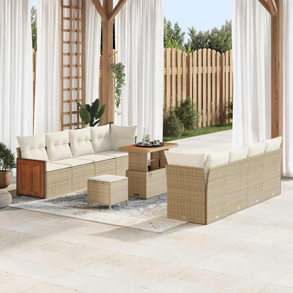 Havesofa sæt med puder, 11 dele - beige/creme - polyrattan med akacietræ og højdejusterbart bord Havesofa sæt med puder, 11 dele - beige/creme - polyrattan med akacietræ og højdejusterbart bord