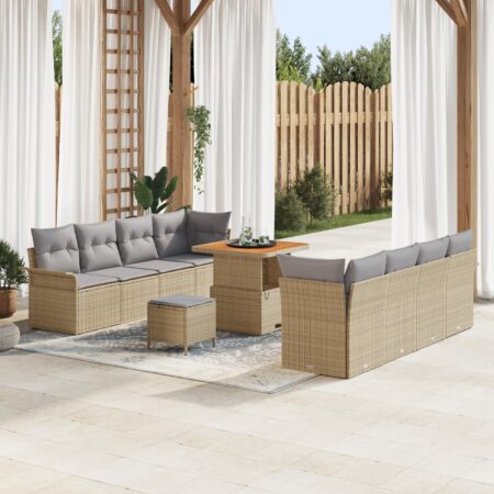 Havesofa sæt med puder - 11 dele i beige polyrattan med højdejusterbart bord