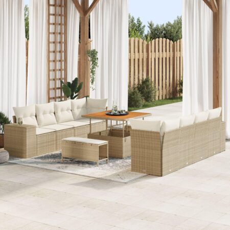 Havesofa sæt med puder - 11 dele i beige polyrattan, modulær med hæve/sænke-bord
