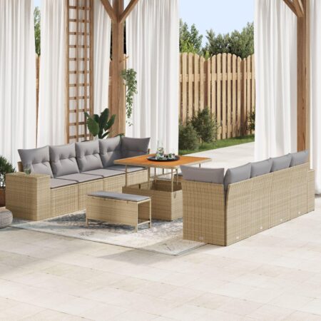 Havesofa sæt med puder - 11 dele i beige polyrattan, modulopbygget med højdejusterbart bord