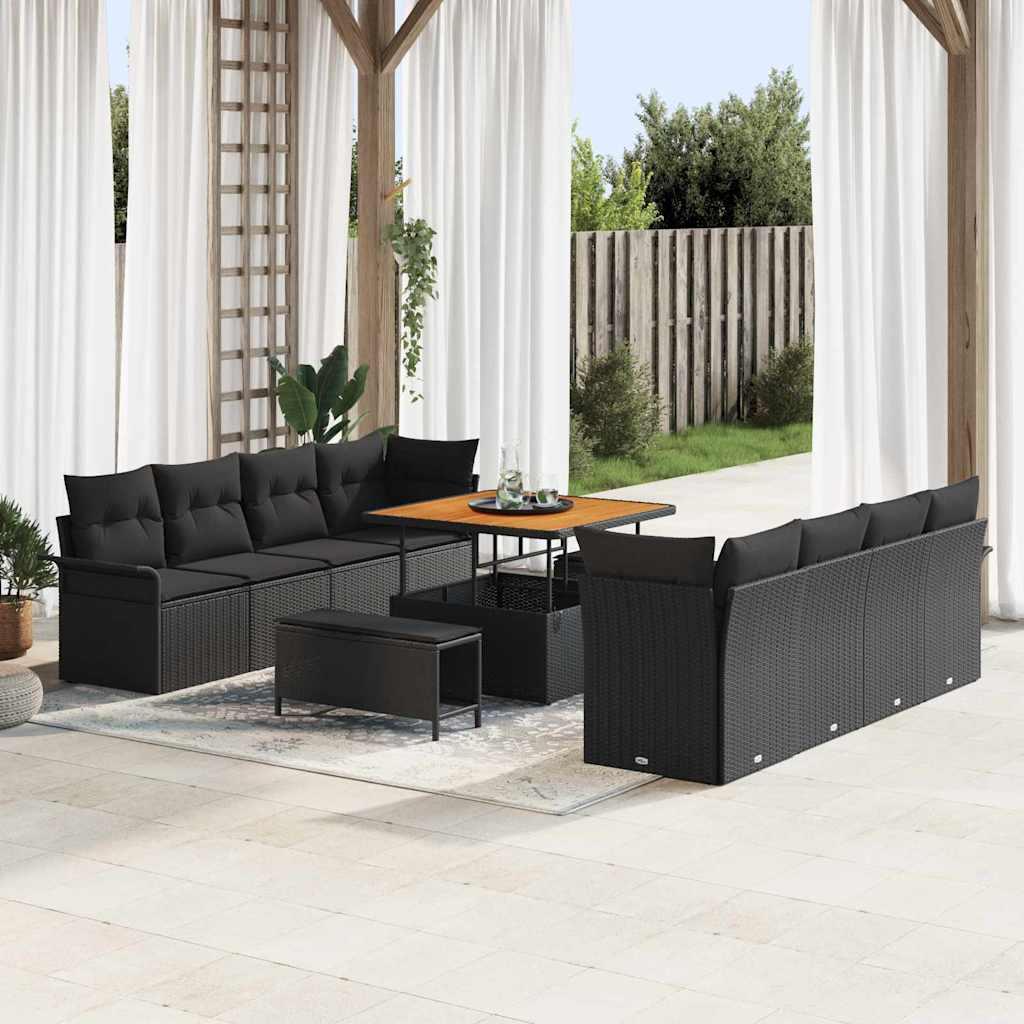 Havesofa-sæt med puder - 11 dele i sort polyrattan med højdejusterbart bord Havesofa-sæt med puder - 11 dele i sort polyrattan med højdejusterbart bord