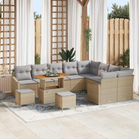 Havesofa sæt med puder, 12 dele - beige polyrattan, modulopbygget med højdejusterbart bord