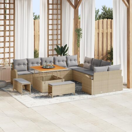 Havesofa sæt med puder, 13 dele - beige polyrattan, modulopbygget med højdejusterbart bord