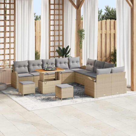 Havesofa sæt med puder, 13 dele - beige polyrattan og justerbart bord
