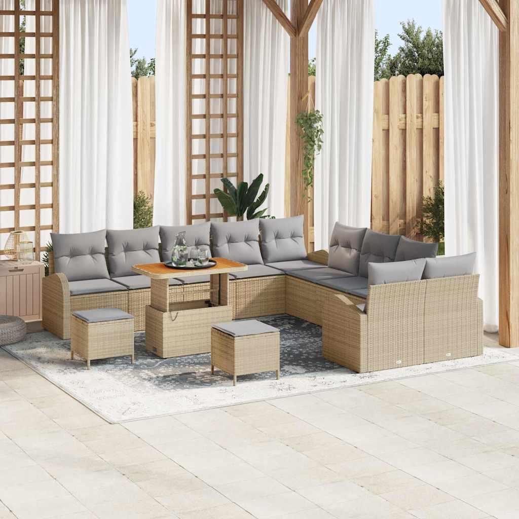 Havesofa sæt med puder, 13 dele - beige polyrattan og justerbart bord Havesofa sæt med puder, 13 dele - beige polyrattan og justerbart bord