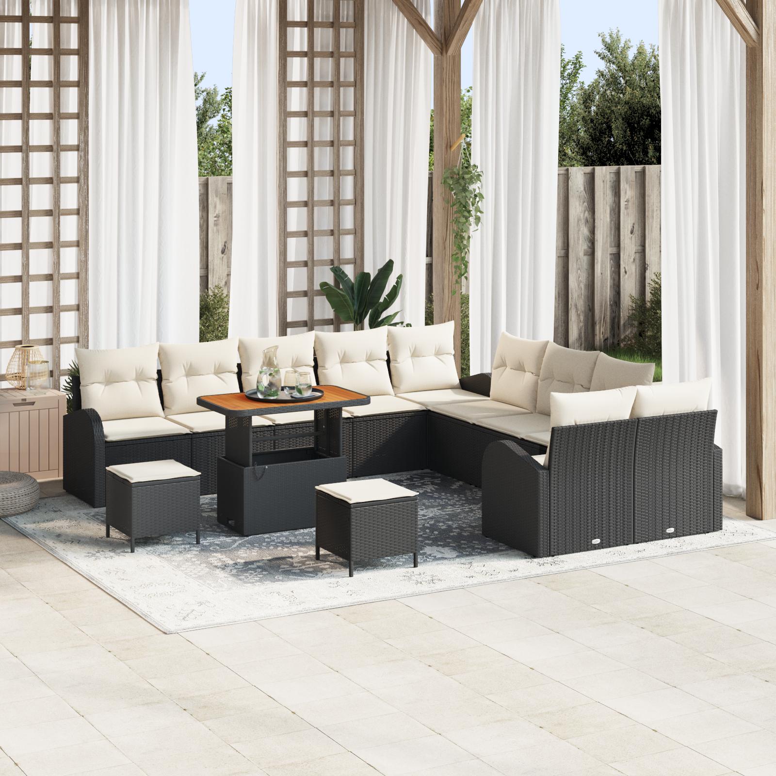 Havesofa sæt med puder - 13 dele i sort polyrattan, modulopbygget med højdejusterbart bord Havesofa sæt med puder - 13 dele i sort polyrattan, modulopbygget med højdejusterbart bord