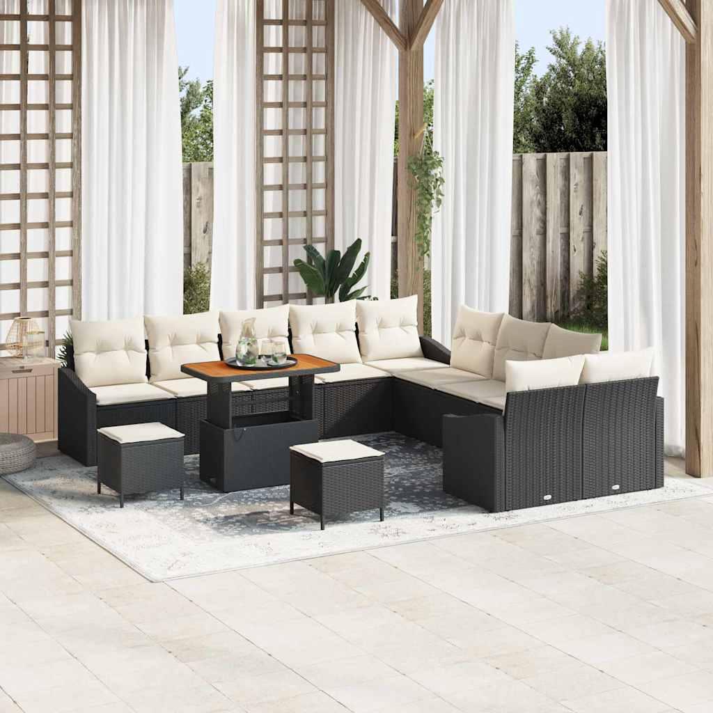 Havesofa sæt med puder, 13 dele - sort polyrattan, modulopbygget med højdejusterbart bord og akacietræsbordplade Havesofa sæt med puder, 13 dele - sort polyrattan, modulopbygget med højdejusterbart bord og akacietræsbordplade