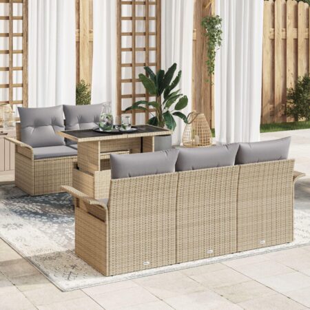 Havesofa sæt med puder - 6 dele i beige polyrattan med højdejusterbart bord