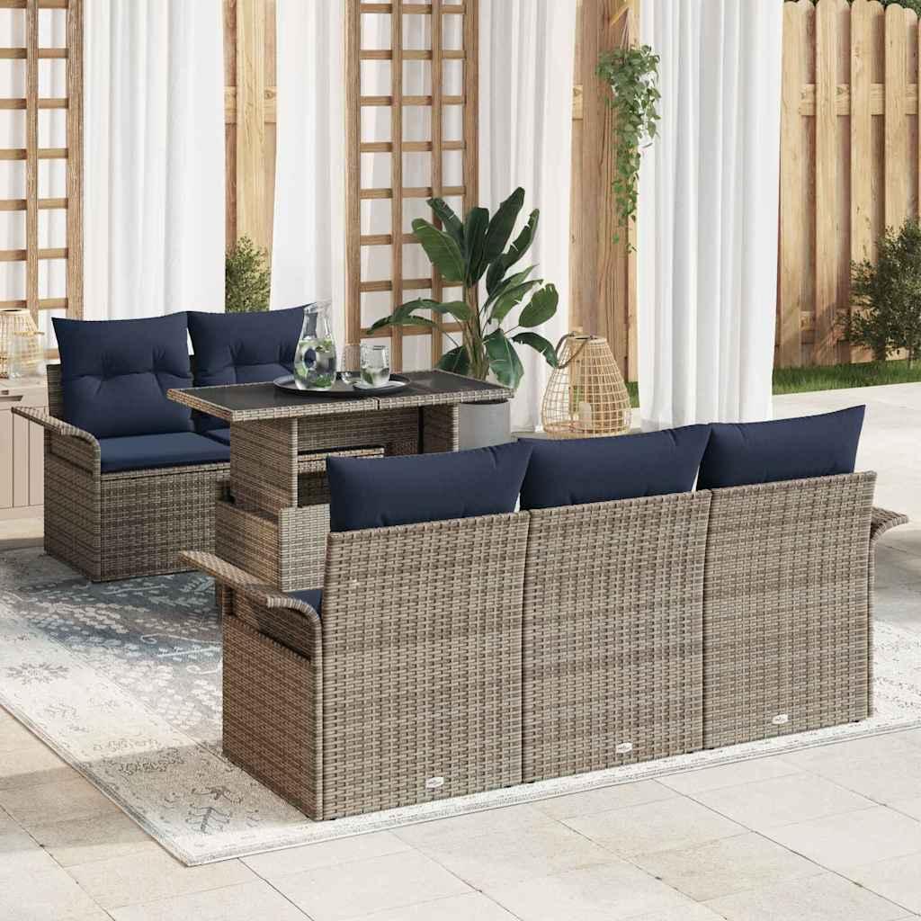 Havesofa sæt med puder - 6 dele i grå polyrattan, modulært med højdejusterbart bord Havesofa sæt med puder - 6 dele i grå polyrattan, modulært med højdejusterbart bord