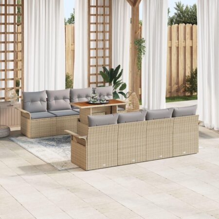 Havesofa sæt med puder, 7 dele - beige/lys grå polyrattan, modulært med højdejusterbart bord