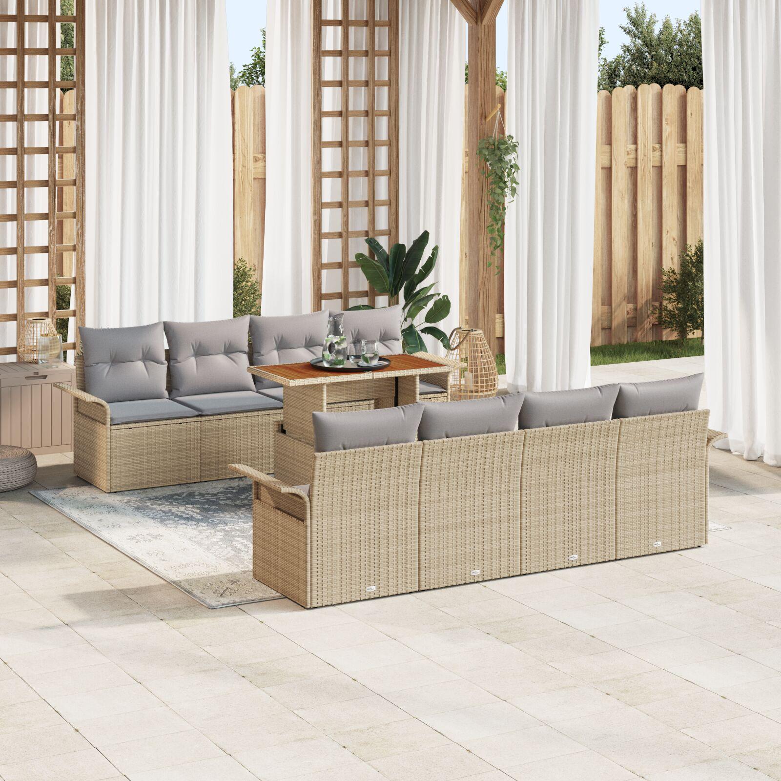 Havesofa sæt med puder, 7 dele - beige/lys grå polyrattan, modulært med højdejusterbart bord Havesofa sæt med puder, 7 dele - beige/lys grå polyrattan, modulært med højdejusterbart bord