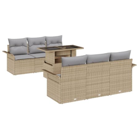 Havesofa sæt med puder - 7 dele i beige polyrattan, modulopbygget med højdejusterbart bord